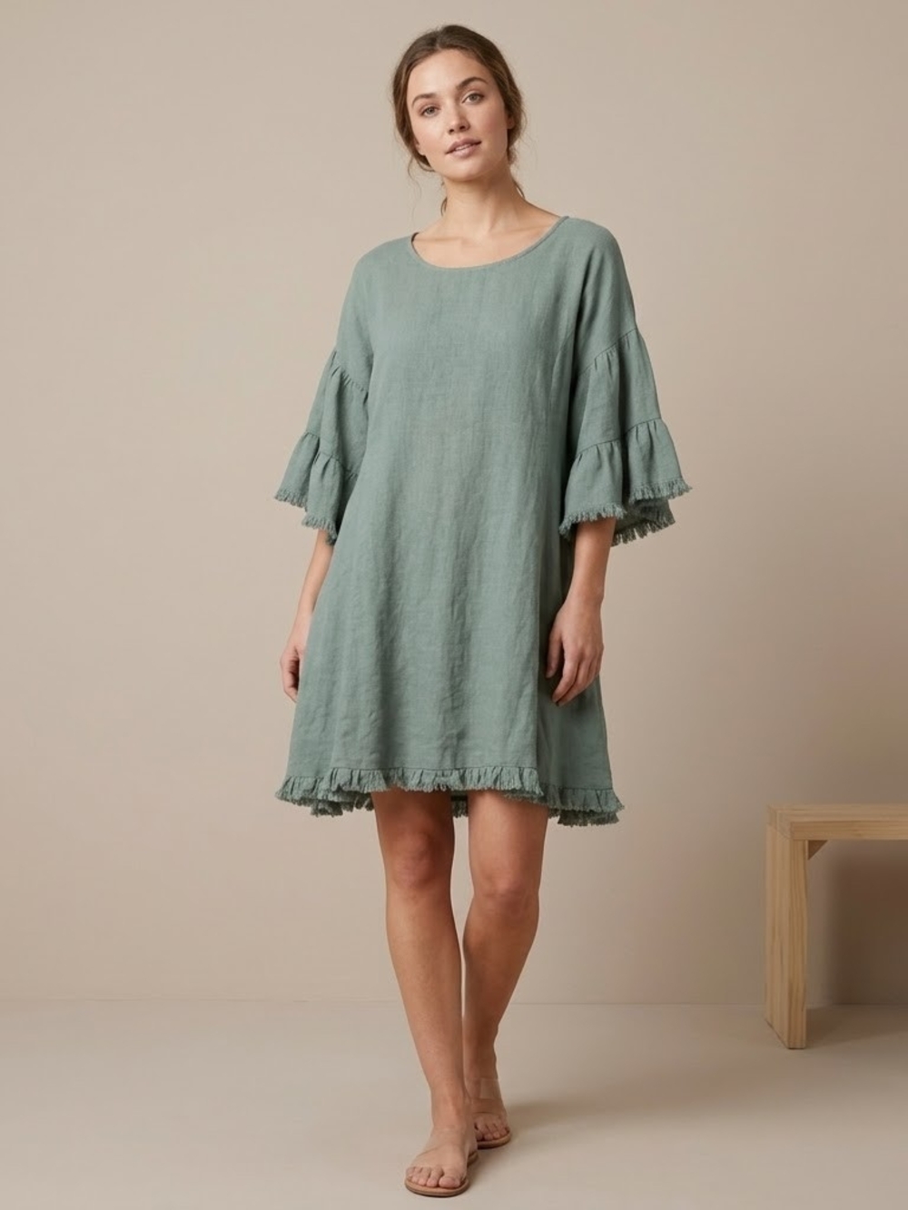 Umgee Linen Sage Green Frayed Tiered Sleeve Mini Dress Bell Sleeve Oversized M